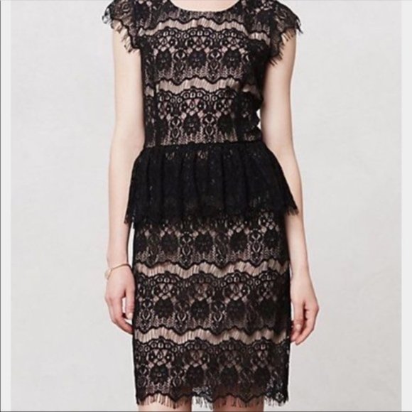 Maeve Anthropologie Elsa Sheath Dress Medium M Black Nude Lace Peplum V Back - Picture 1 of 7